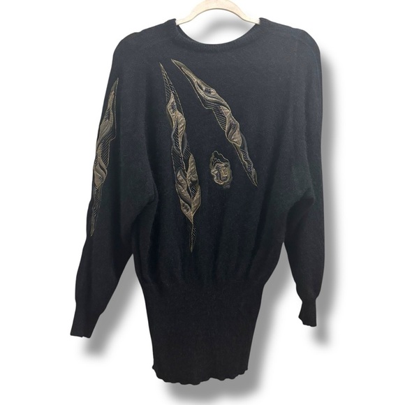 Escada Vintage 80s Black Mohair Beaded Leaves Sweater - Size 36 - Picture 2 of 8
